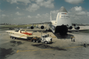 Magnum 50 Bestia Coral Diver being loaded on Antonov cargo plane in Miami